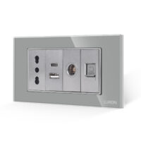 Presa Stretta + Doppia USB + TV + Internet con Cornice in Vetro LUXION, Standard Italiano, 4M colore griggio