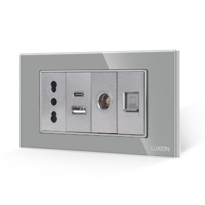 Presa Stretta + Doppia USB + TV + Internet con Cornice in Vetro LUXION, Standard Italiano, 4M colore griggio