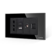 Presa Stretta + Doppia USB + TV + Internet con Cornice in Vetro LUXION, Standard Italiano, 4M colore nero