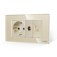 Presa Schuko + TV + Internet con placca in vetro LUXION, standard italiano, 4M colore dorato