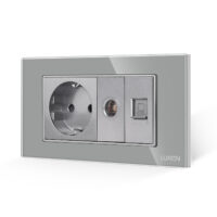 Presa Schuko + TV + Internet con placca in vetro LUXION, standard italiano, 4M colore griggio