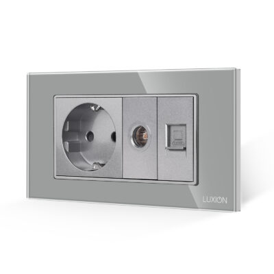 Presa Schuko + TV + Internet con placca in vetro LUXION, standard italiano, 4M colore griggio