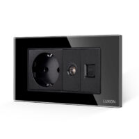 Presa Schuko + TV + Internet con placca in vetro LUXION, standard italiano, 4M colore nero