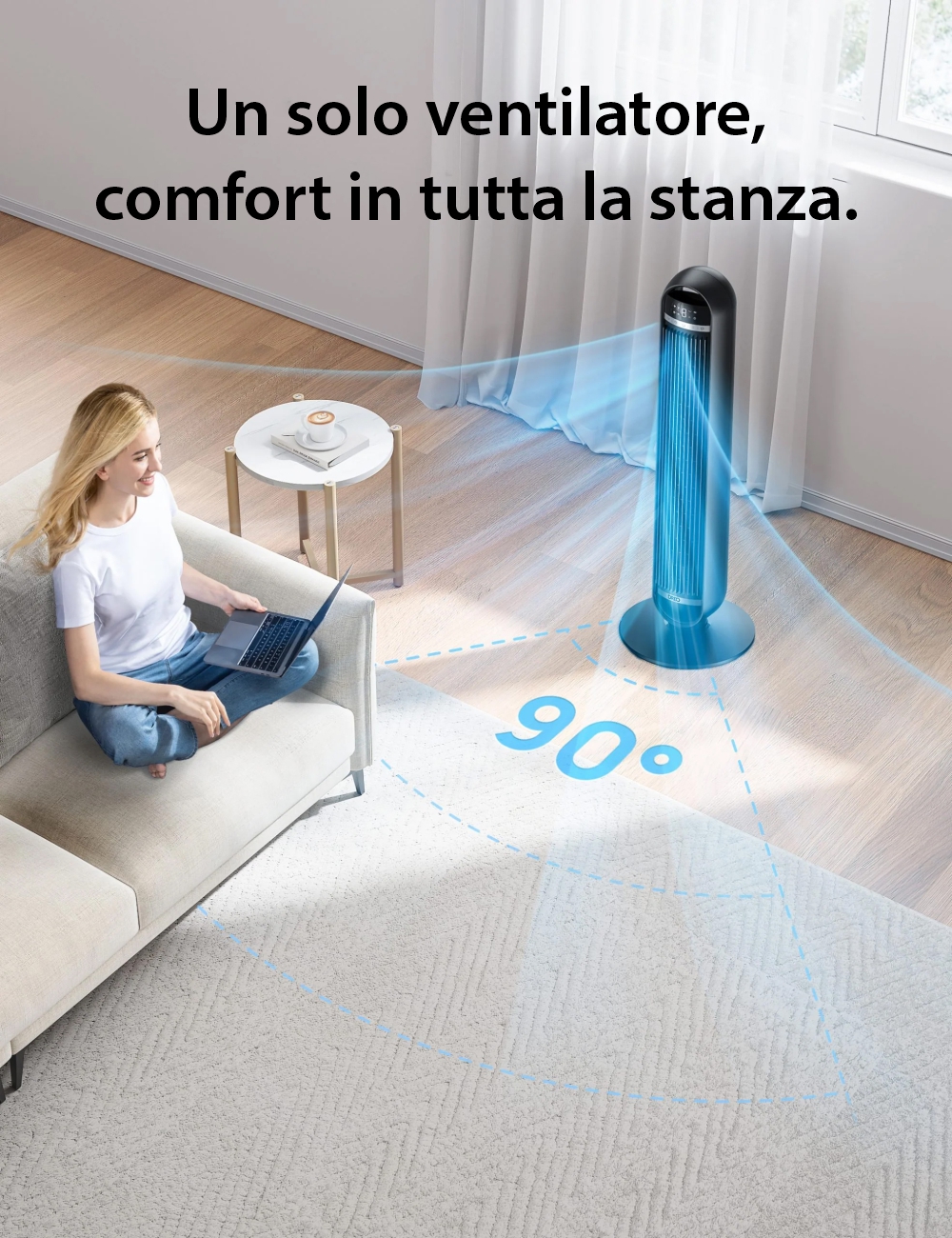 Ventilatore a Torre DREO Nomad DR-HTF014, Oscillazione a 90°, 4 Modalità di Funzionamento, 8 Velocità, Display Digitale, Telecomando, Nero