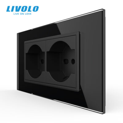 Presa doppia 2P+T Livolo con cornice in vetro 4M, standard italiano, nuova serie colore nero