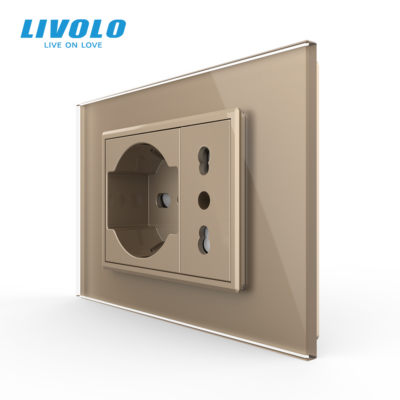 Presa doppia 2P+T Livolo con cornice in vetro 3M – standard italiano colore dorato