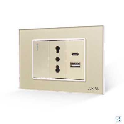 Deviatore + Presa Stretta e USB A+C LUXION con Cornice in Vetro, Standard Italiano, 3M colore dorato