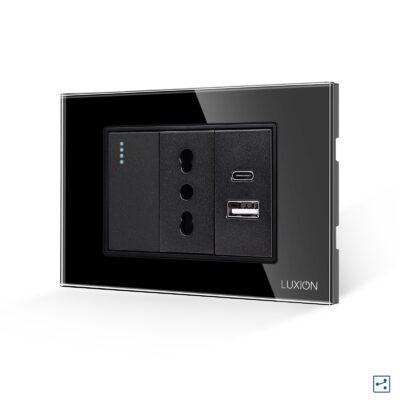 Deviatore + Presa Stretta e USB A+C LUXION con Cornice in Vetro, Standard Italiano, 3M colore nero