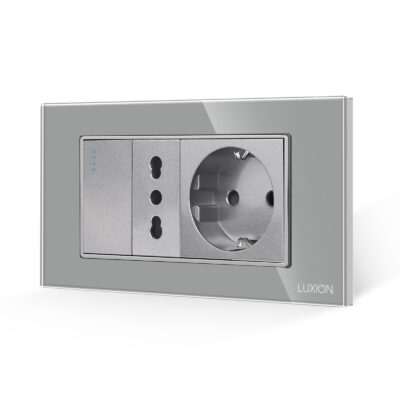 Interruttore Semplice + Presa Stretta + Presa Schuko con Cornice in Vetro LUXION, Standard Italiano, 4M colore griggio