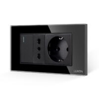 Interruttore Semplice + Presa Stretta + Presa Schuko con Cornice in Vetro LUXION, Standard Italiano, 4M colore nero