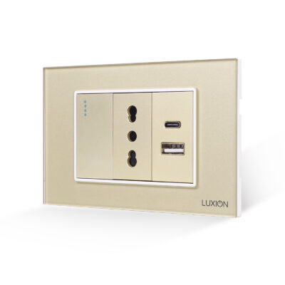 Interruttore Semplice + Presa Stretta e USB A+C LUXION con Cornice in Vetro, Standard Italiano, 3M colore dorato