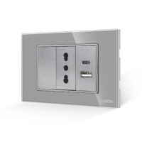Interruttore Semplice + Presa Stretta e USB A+C LUXION con Cornice in Vetro, Standard Italiano, 3M colore griggio
