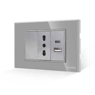 Interruttore Semplice + Presa Stretta e USB A+C LUXION con Cornice in Vetro, Standard Italiano, 3M colore griggio