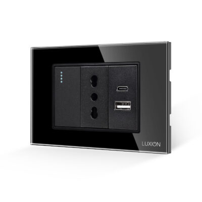 Interruttore Semplice + Presa Stretta e USB A+C LUXION con Cornice in Vetro, Standard Italiano, 3M colore nero