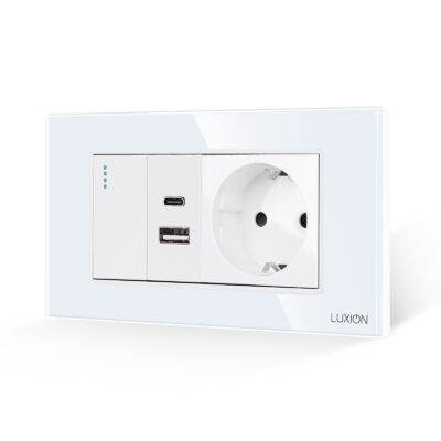 Interruttore Semplice + Presa USB A+C + Presa Schuko con Cornice in Vetro LUXION, Standard Italiano, 4M