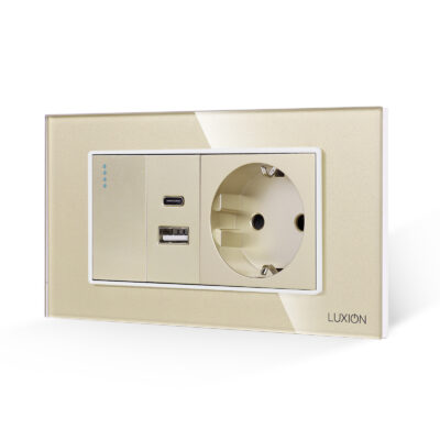 Interruttore Semplice + Presa USB A+C + Presa Schuko con Cornice in Vetro LUXION, Standard Italiano, 4M colore dorato