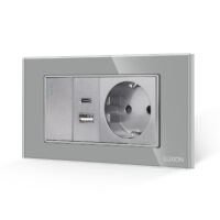 Interruttore Semplice + Presa USB A+C + Presa Schuko con Cornice in Vetro LUXION, Standard Italiano, 4M colore griggio