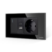 Interruttore Semplice + Presa USB A+C + Presa Schuko con Cornice in Vetro LUXION, Standard Italiano, 4M colore nero