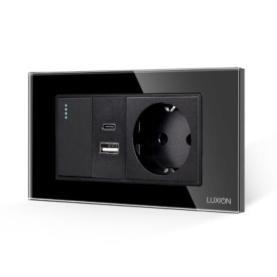 Interruttore Semplice + Presa USB A+C + Presa Schuko con Cornice in Vetro LUXION, Standard Italiano, 4M colore nero