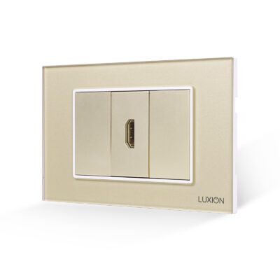 Presa HDMI + 2 tasti falsi LUXION con placca in vetro, standard italiano, 3 Moduli colore dorato