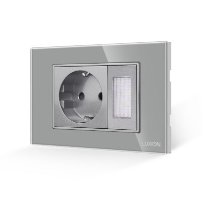 Presa Schuko + Lampada Notturna con Cornice in Vetro LUXION, Standard Italiano, 3M colore griggio
