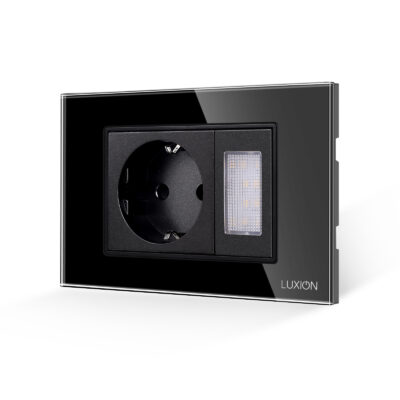 Presa Schuko + Lampada Notturna con Cornice in Vetro LUXION, Standard Italiano, 3M colore nero