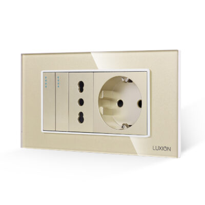 Interruttore doppio + presa stretta + presa Schuko con placca in vetro LUXION, standard italiano, 4M colore dorato