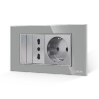 Interruttore doppio + presa stretta + presa Schuko con placca in vetro LUXION, standard italiano, 4M colore griggio