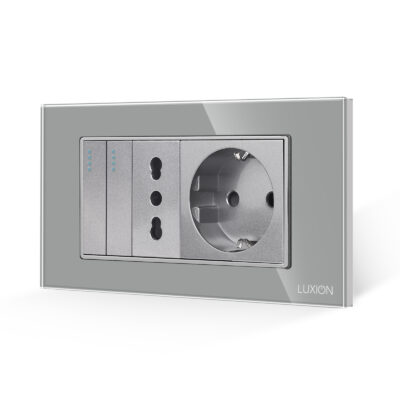 Interruttore doppio + presa stretta + presa Schuko con placca in vetro LUXION, standard italiano, 4M colore griggio