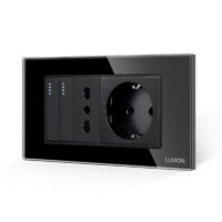 Interruttore doppio + presa stretta + presa Schuko con placca in vetro LUXION, standard italiano, 4M colore nero