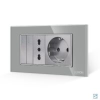 Doppio deviatore + presa stretta + presa Schuko con placca in vetro LUXION, standard italiano, 4M colore griggio