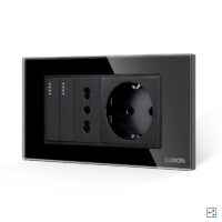 Doppio deviatore + presa stretta + presa Schuko con placca in vetro LUXION, standard italiano, 4M colore nero