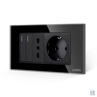 Doppio deviatore + presa stretta + presa Schuko con placca in vetro LUXION, standard italiano, 4M colore nero