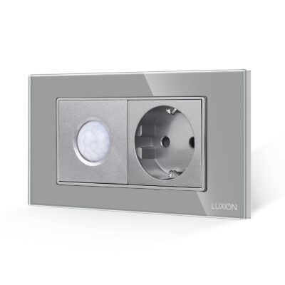 Sensore di movimento 2M e presa Schuko LUXION con placca in vetro, standard italiano, 4M colore griggio