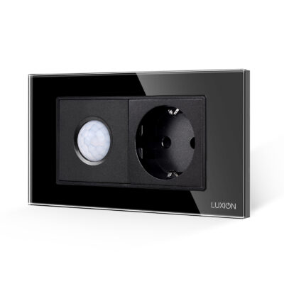 Sensore di movimento 2M e presa Schuko LUXION con placca in vetro, standard italiano, 4M colore nero