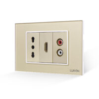 Presa stretta + HDMI + audio con cornice in vetro LUXION, standard italiano, 3M colore dorato