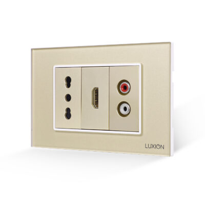 Presa stretta + HDMI + audio con cornice in vetro LUXION, standard italiano, 3M colore dorato
