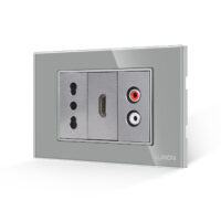 Presa stretta + HDMI + audio con cornice in vetro LUXION, standard italiano, 3M colore griggio
