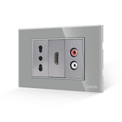 Presa stretta + HDMI + audio con cornice in vetro LUXION, standard italiano, 3M colore griggio