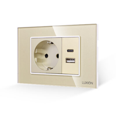 Presa Schuko con USB A+C con placca in vetro LUXION, standard italiano, 3M colore dorato