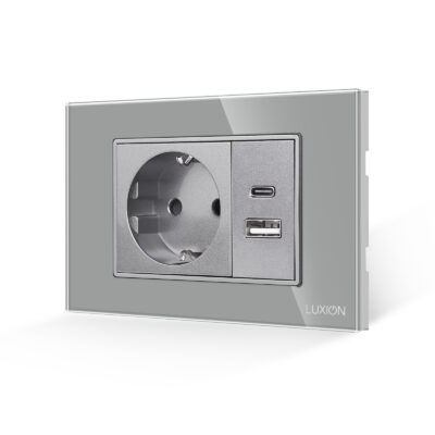 Presa Schuko con USB A+C con placca in vetro LUXION, standard italiano, 3M colore griggio