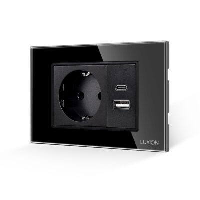 Presa Schuko con USB A+C con placca in vetro LUXION, standard italiano, 3M colore nero